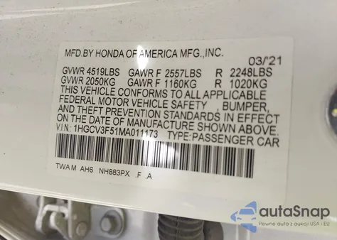 2021 Honda Accord Hybrid Ex-L from USA, damaged, VIN 1HGCV3F51MA011173